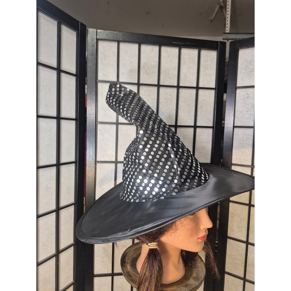 Black Silver Sequin Witch Hat Halloween Costume Accessory Sparkly Wide Brim